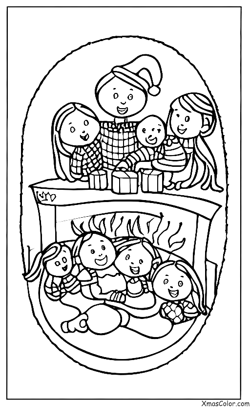 Christmas / Blankets: A family cuddling up under a blanket by the fireplace