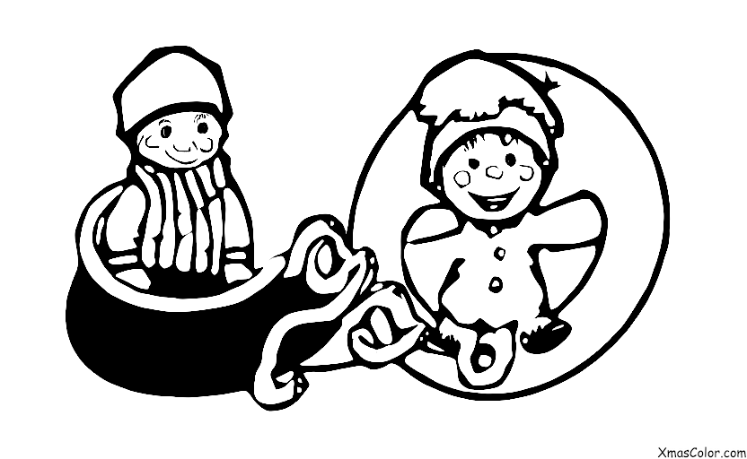 Christmas / Children: A boy sledding down a hill