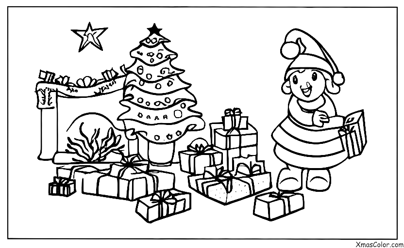 Christmas / Christmas books: A child reading a Christmas book by the fireplace