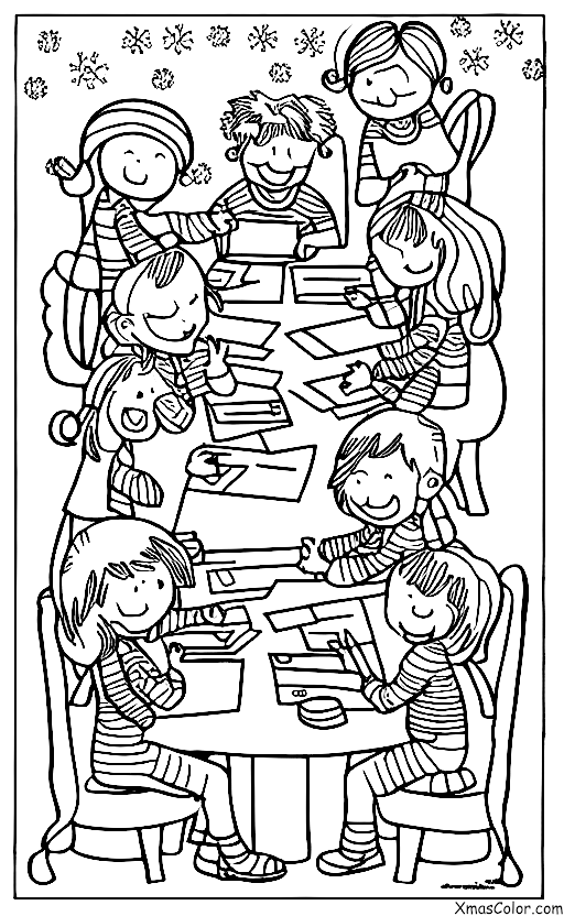 Christmas / Christmas Cards: A group of friends writing out Christmas cards