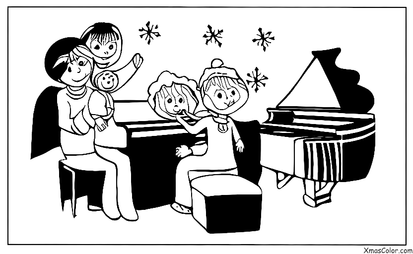 Christmas / Christmas Carols: A family singing Christmas carols around the piano