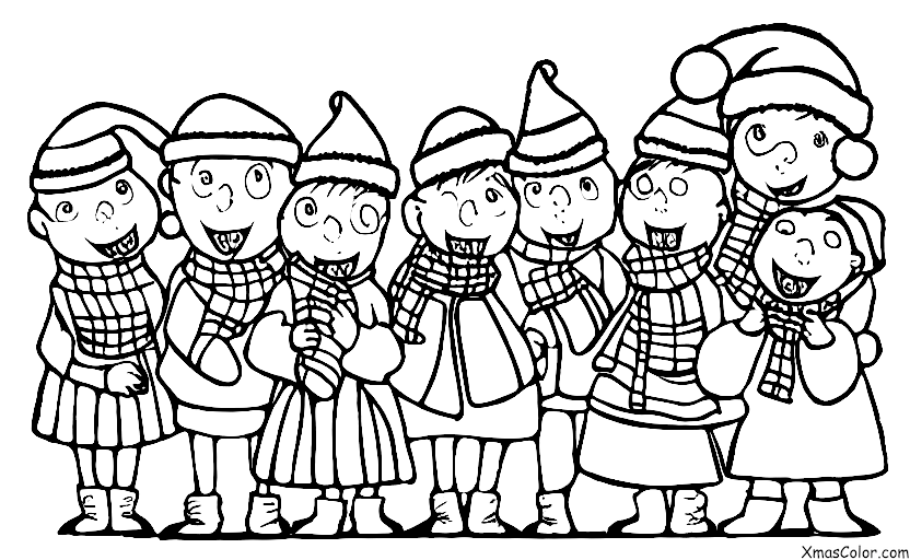 Christmas / Christmas Carols: A group of carolers singing around a Christmas tree