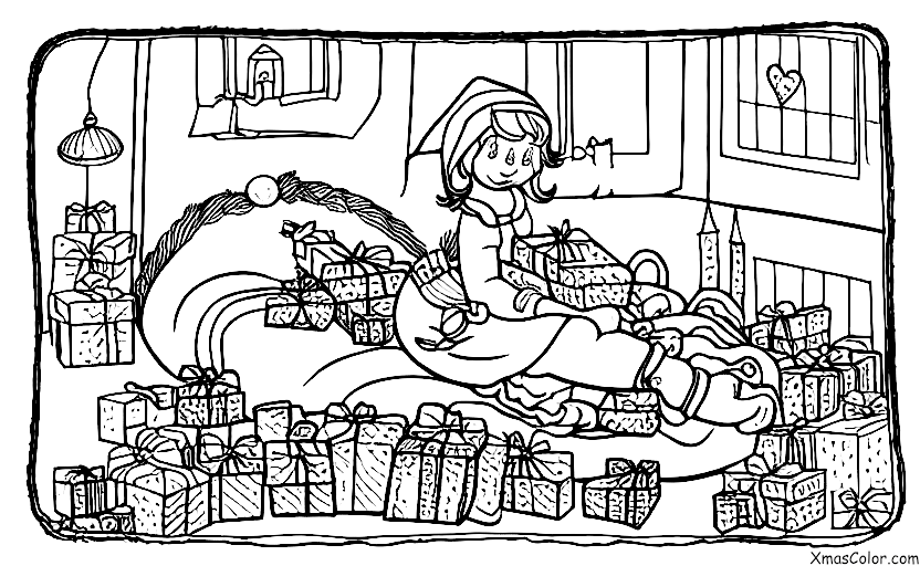 Christmas / Christmas Elf: A Christmas elf sleeping in a bed of presents