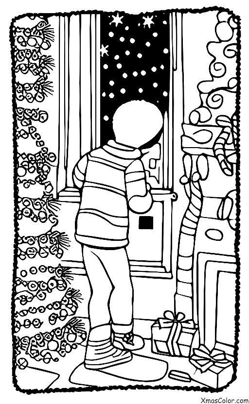 Christmas / Christmas Gifts: A boy anxiously waiting for Santa to come down the chimney