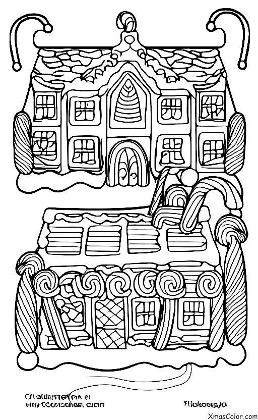 Christmas / Christmas gingerbread houses: A gingerbread house with a chocolate roof and a candy cane fence