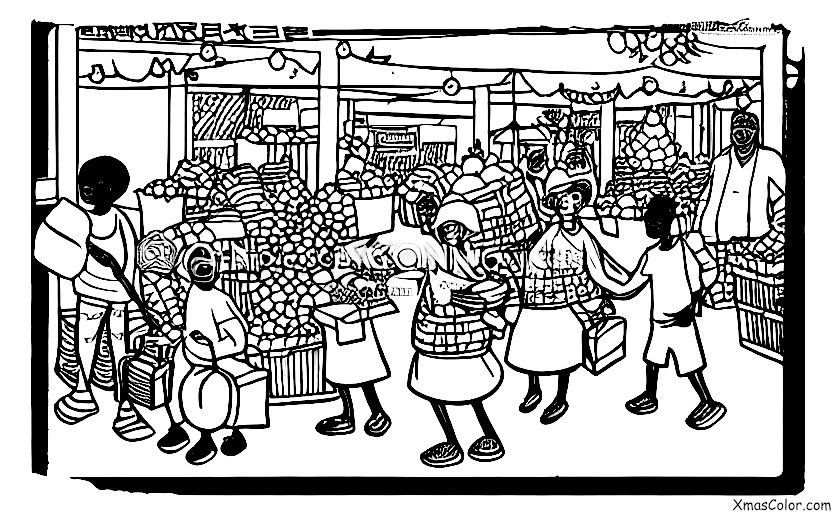 Christmas / Christmas in Africa: A market scene with people selling and buying Christmas gifts