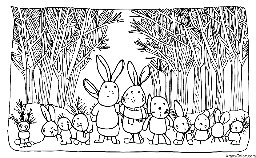 Christmas / Christmas in the mountains: A family of rabbits enjoying the winter scenery