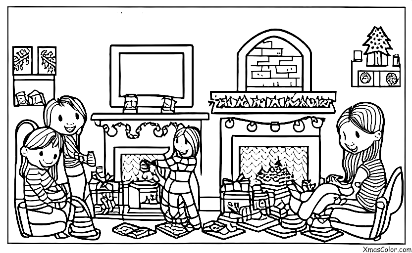 Christmas / Christmas in the suburbs: Friends are gathered around the fireplace drinking hot cocoa