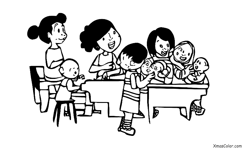 Christmas / Christmas music: A family gathered around the piano singing Christmas carols