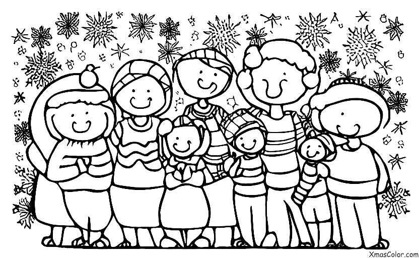 Christmas / Christmas Spirit: A family gathered around the Christmas tree, smiling and happy