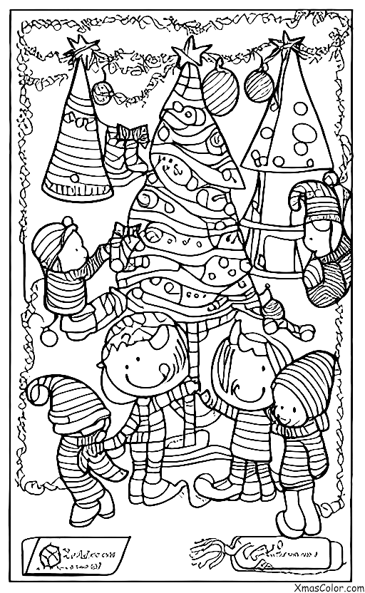 Christmas / Christmas traditions: A family decorates their Christmas tree with ornaments and lights