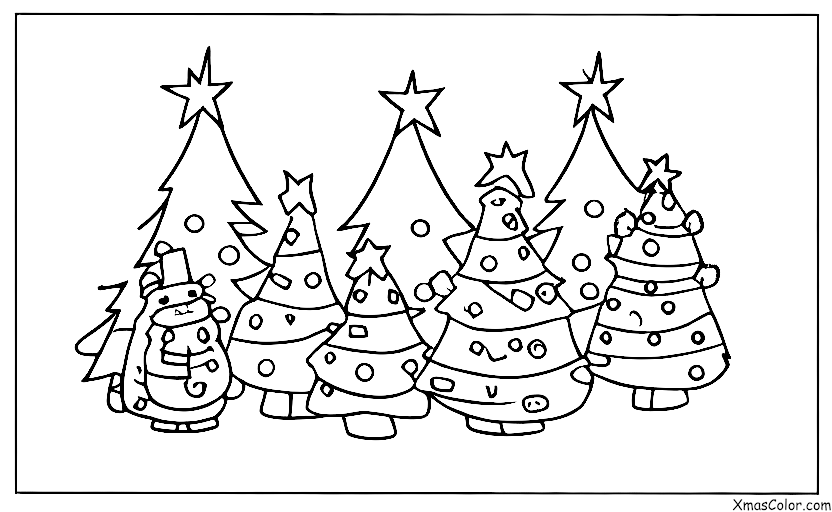 Christmas / Christmas Trees: A family of foxes sitting in front of a Christmas tree