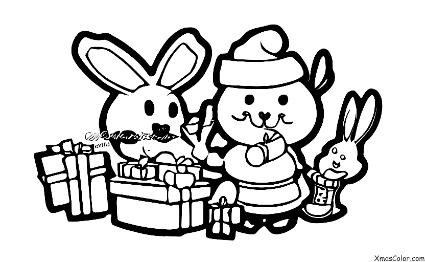 Christmas / Christmas with animals: A bunny in a Santa hat eating a carrot