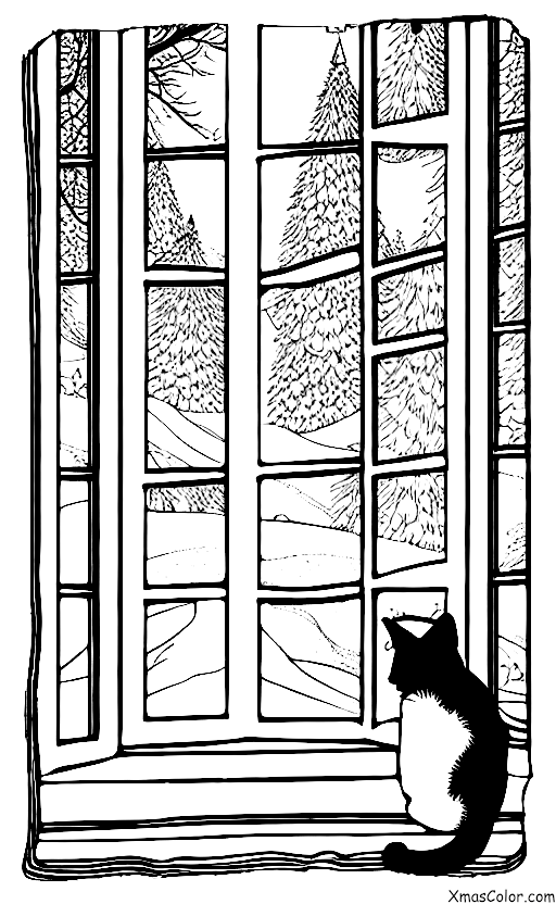 Christmas / Christmas with animals: A cat looking out the window at the snowy winter scene