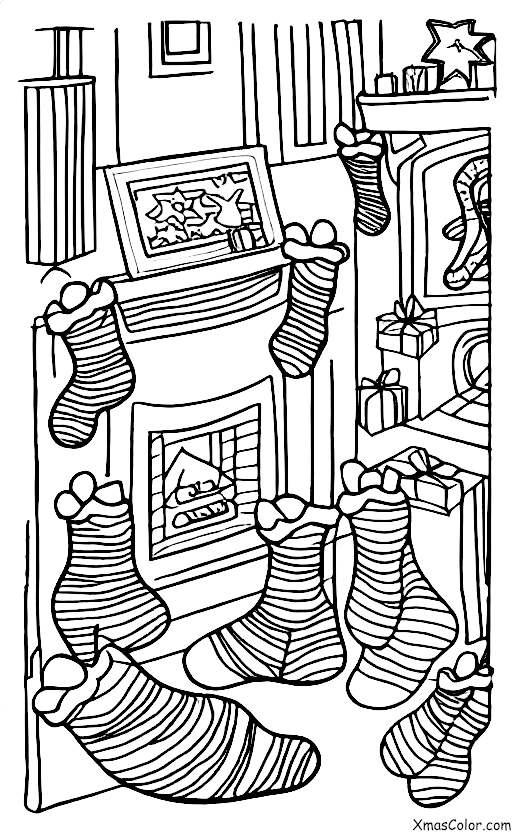 Christmas / Christmas Wrapping Paper: A fireplace with stockings hung and presents stacked around it