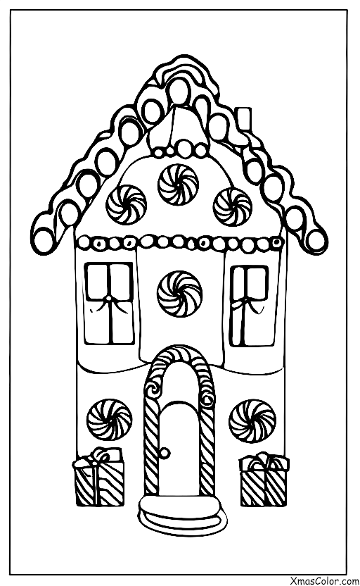 Christmas / Decorating Gingerbread Houses: A gingerbread house being decorated with different kinds of icing and candy