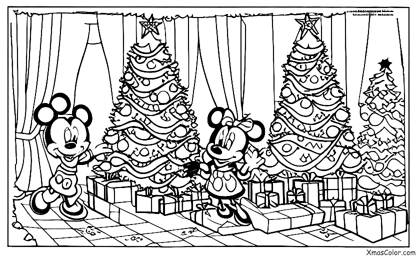 Christmas / Disney Christmas: Mickey and Minnie Mouse decorating the Christmas tree