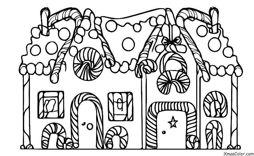 Christmas / Eating Gingerbread Houses: A gingerbread house with a lot of candy canes around it