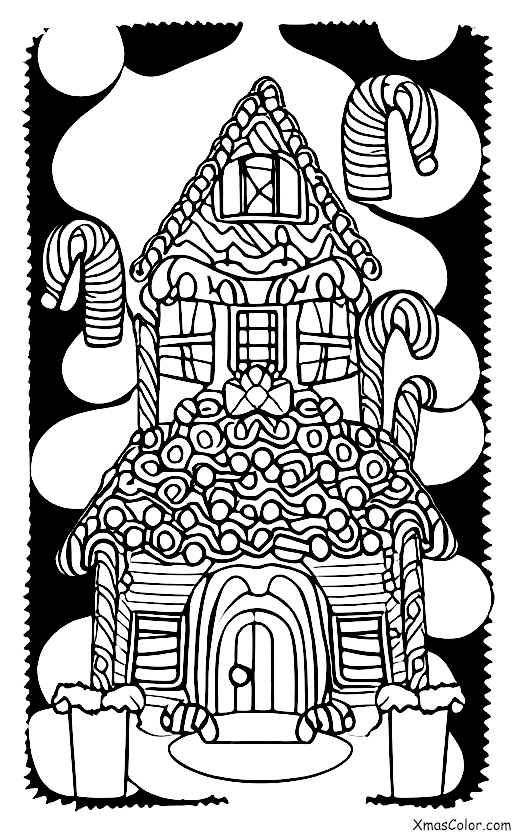 Christmas / Eating Gingerbread Houses: A gingerbread house with candy canes as the chimney
