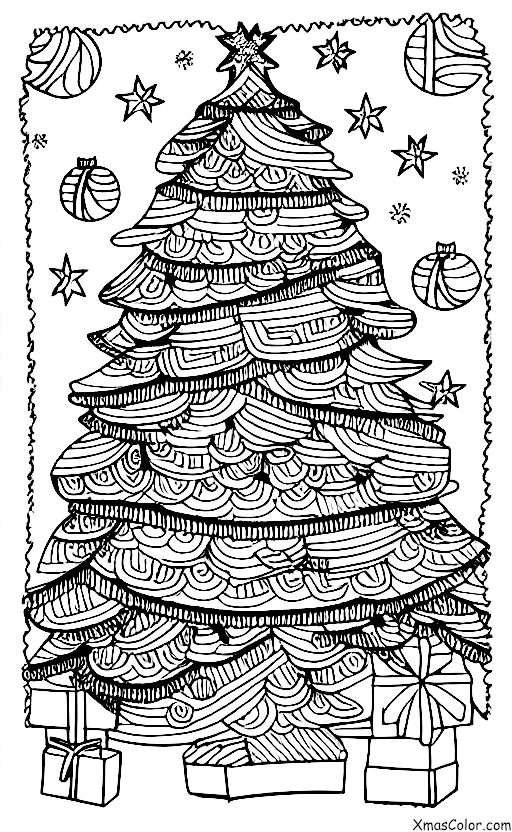 Christmas / Feliz Navidad: A Christmas tree decorated with lights and ornaments