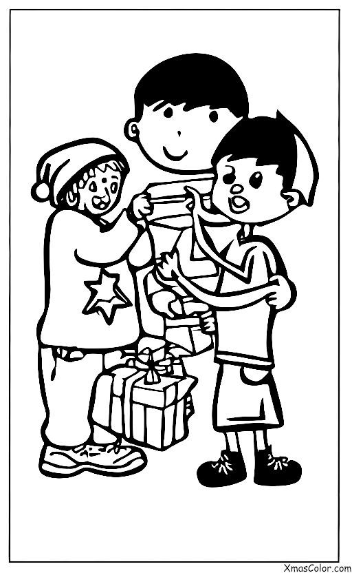 Christmas / Giving: A boy giving a Christmas gift to a homeless person