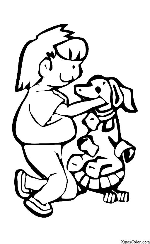 Christmas / Giving: A boy giving a dog a bone