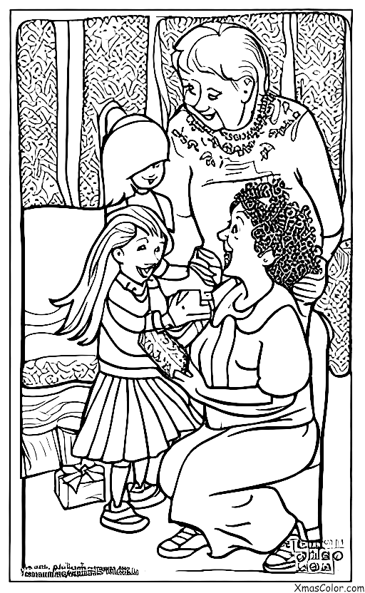 Christmas / Giving: A little girl giving a Christmas gift to her grandmother