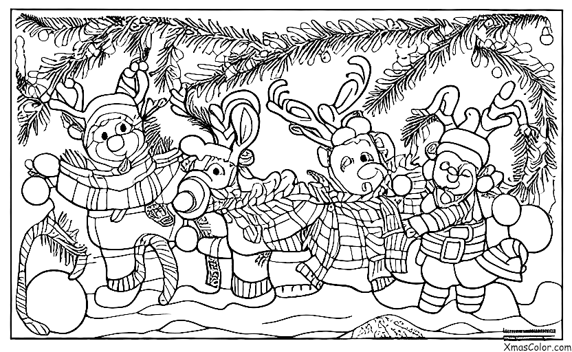 Christmas / North Pole: Rudolph and the other reindeer playing in the snow at the North Pole