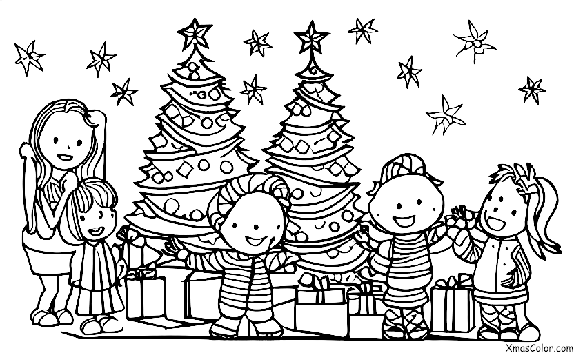 Christmas / O Come, All Ye Faithful: A family gathered around the Christmas tree