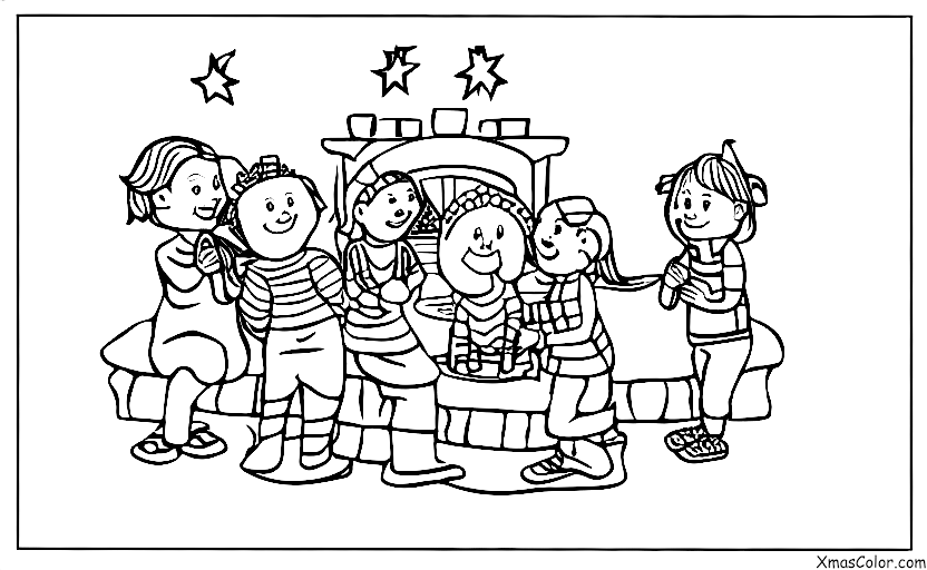 Christmas / Peace: A group of people of different ages and cultures gathered around a fireplace