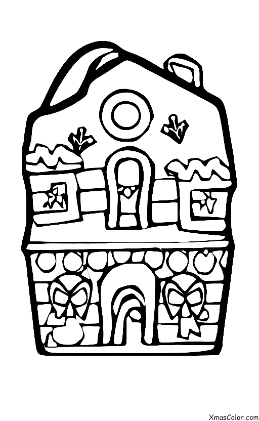 Christmas / Santa's elves: Children coloring page of Santa's elves making gingerbread houses