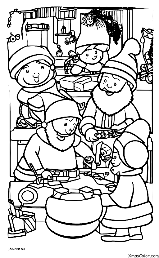 Christmas / Santa's elves: Children coloring page of Santa's elves making toys in the workshop