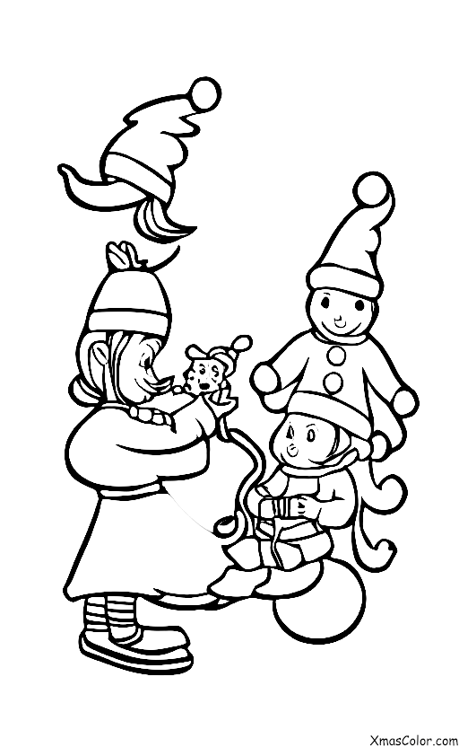 Christmas / Santa's elves: Children coloring page of Santa's elves taking care of the reindeers