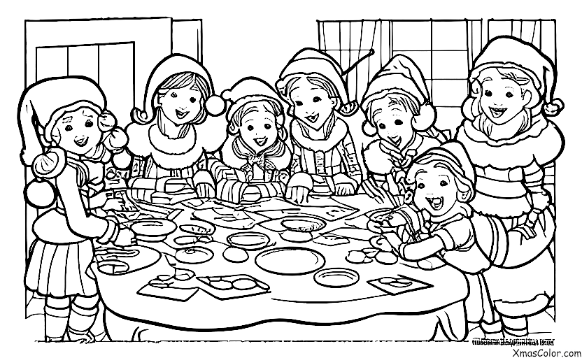 Christmas / Sending Christmas Cards: Mrs. Claus and her elves making Christmas cards