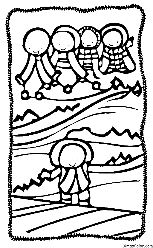 Christmas / Skiing: Kids skiing down a hill