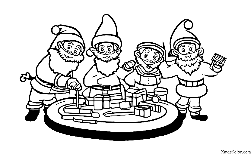 Christmas / Skiing: Santa and his elves working in the workshop