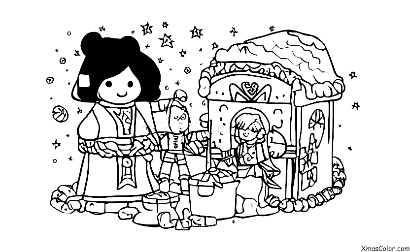 Christmas / Star Wars Christmas: A scene of Luke Skywalker and Princess Leia decorating a gingerbread house