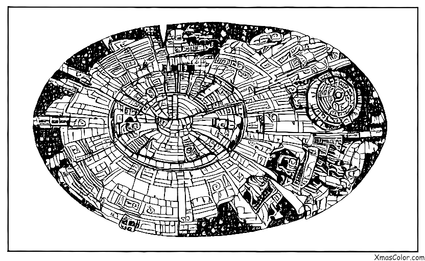Christmas / Star Wars Christmas: A scene of the Millennium Falcon flying through a star-filled sky