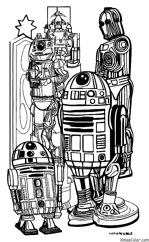 Christmas / Star Wars Christmas: R2D2 and C3PO are decorating the Christmas tree