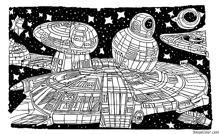 Christmas / Star Wars Christmas: The Millennium Falcon flying through a starry night sky