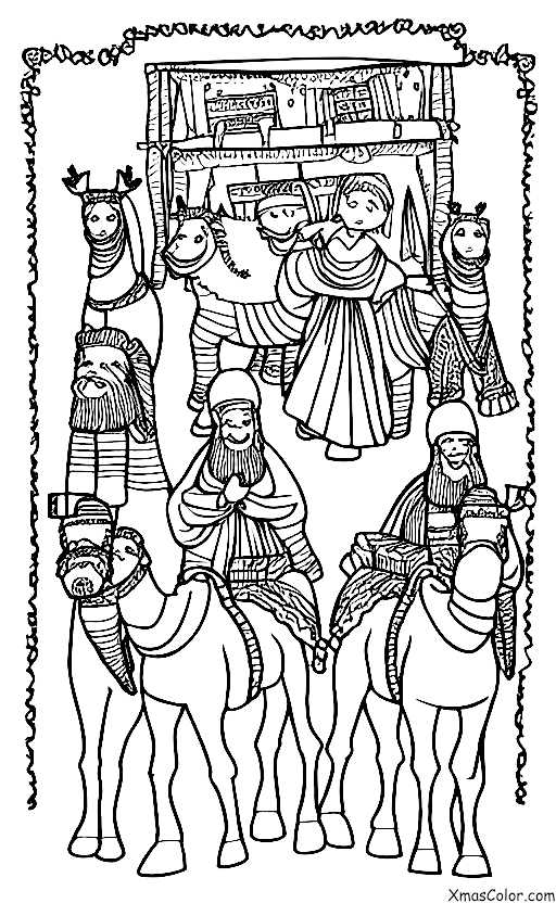 Christmas / The Three Kings: The three Kings on their camels arriving in Bethlehem