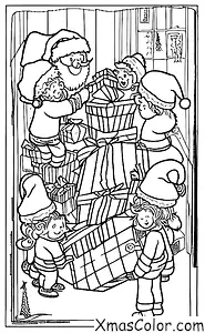 Christmas / What people do on Christmas: Santa and his elves packing up the sleigh