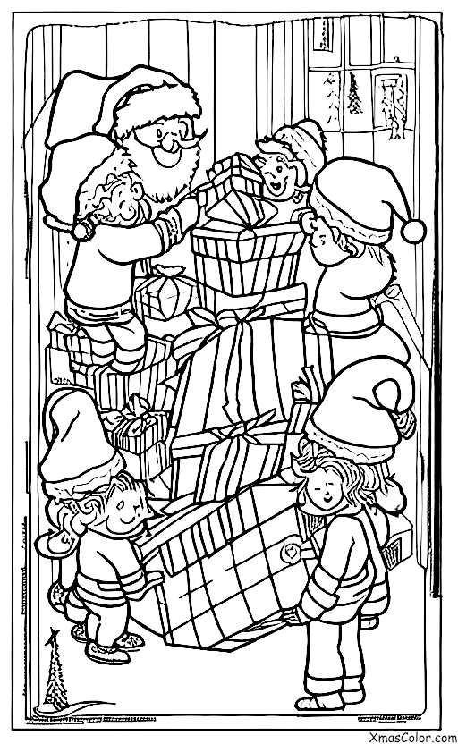 Christmas / What people do on Christmas: Santa and his elves packing up the sleigh