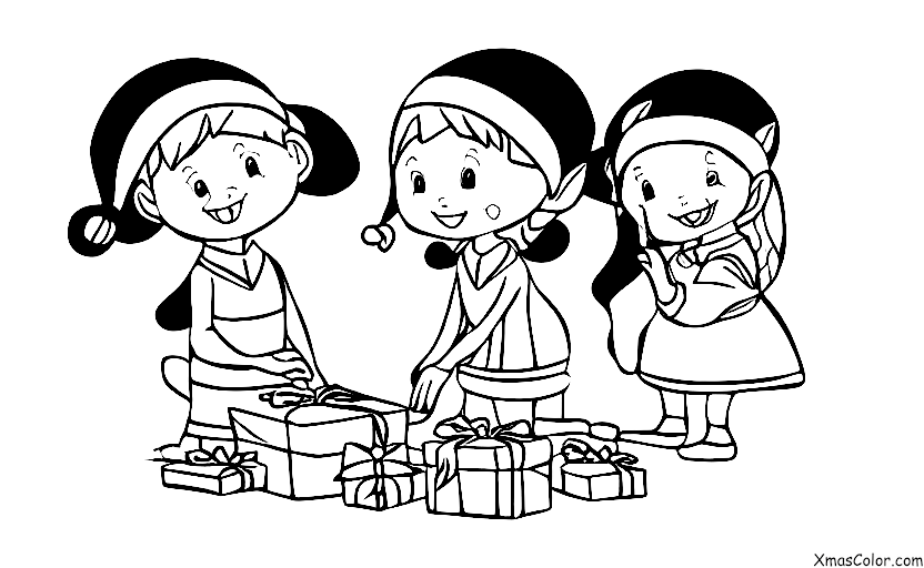 Christmas / Wrapping Christmas Gifts: elves wrapping a Christmas present